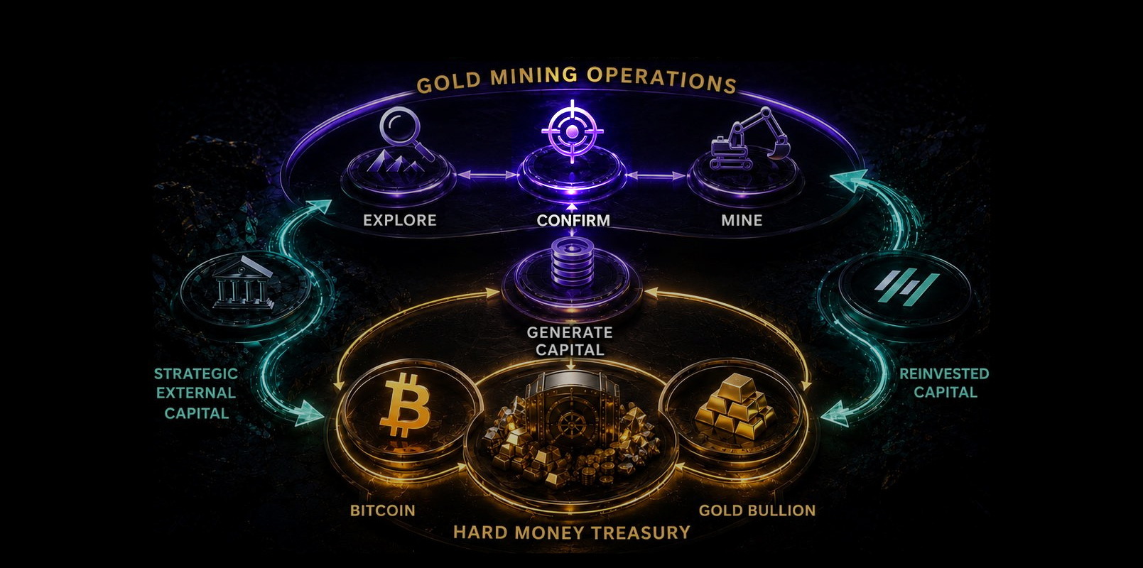 Hamak Dual Growth Engine map: GOLD MINING OPERATIONS Explore, Confirm, Mine generate capital into HARD MONEY TREASURY Bitcoin and Gold bullion, with Strategic External Capital and Reinvested Capital. TWO GROWTH ENGINES. ONE LISTED VEHICLE. CONFIRM is selected.