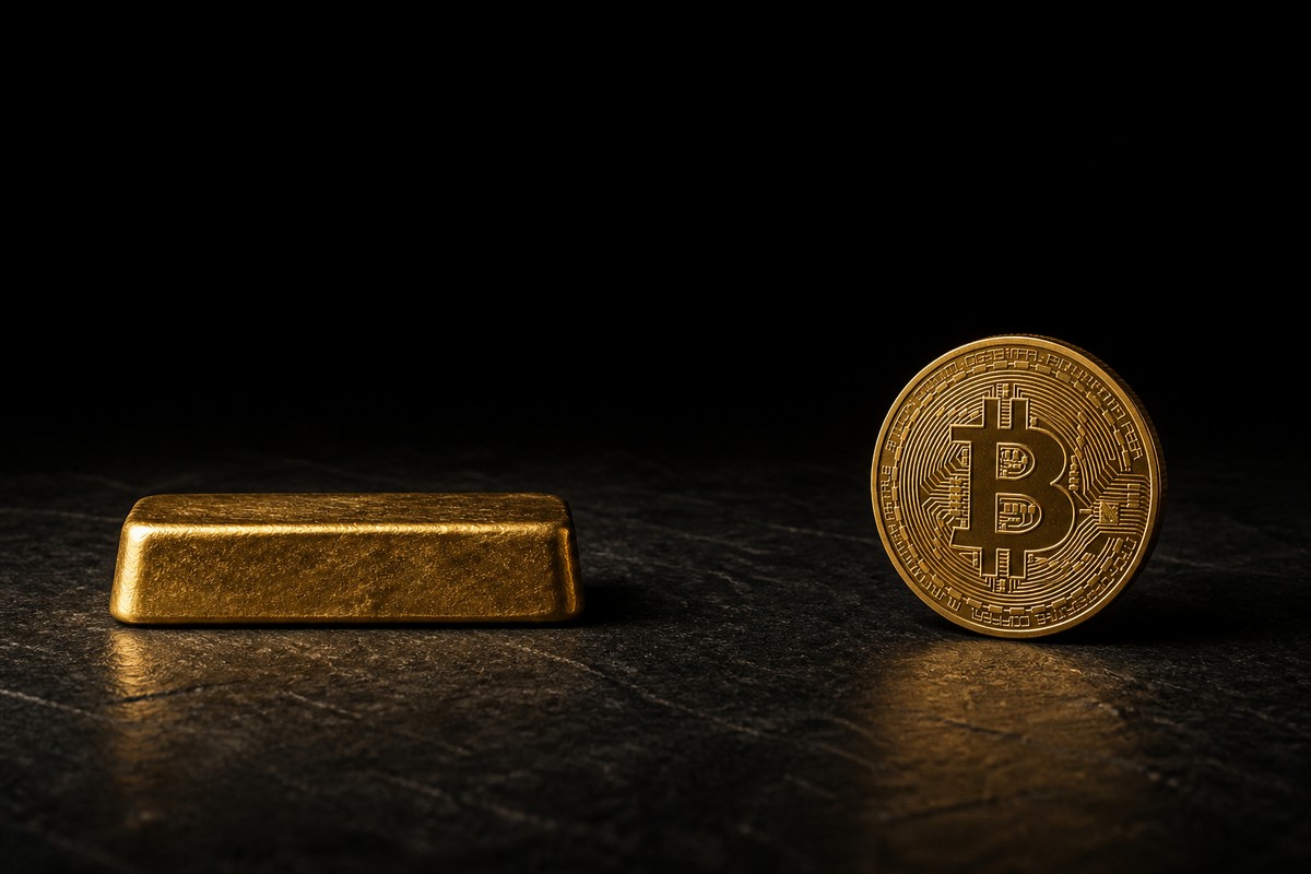 Photographed gold bar and bitcoin pair