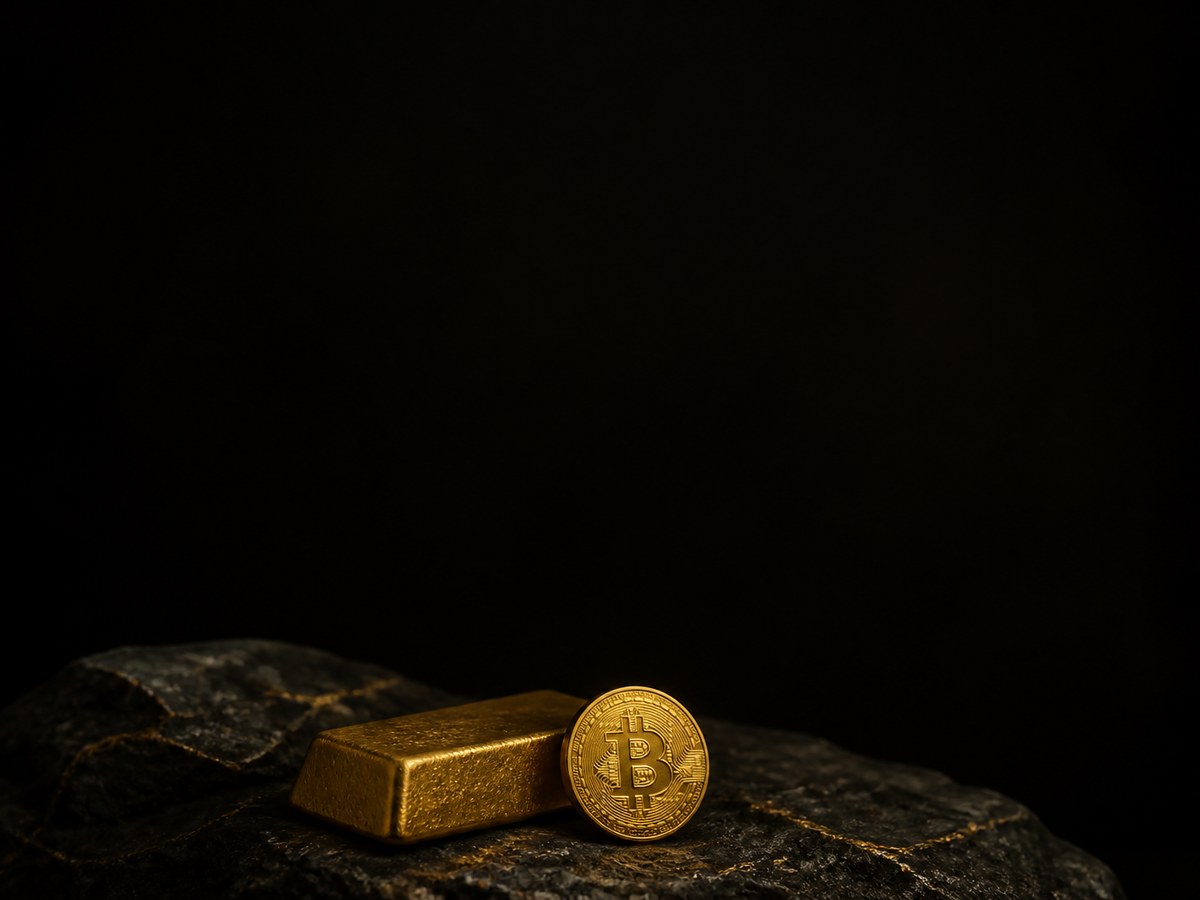 Photographed gold bar and bitcoin pair