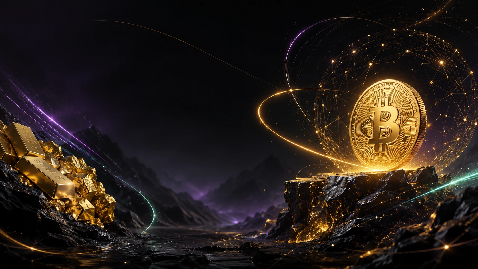 Cinematic Gold and Bitcoin correlation visual