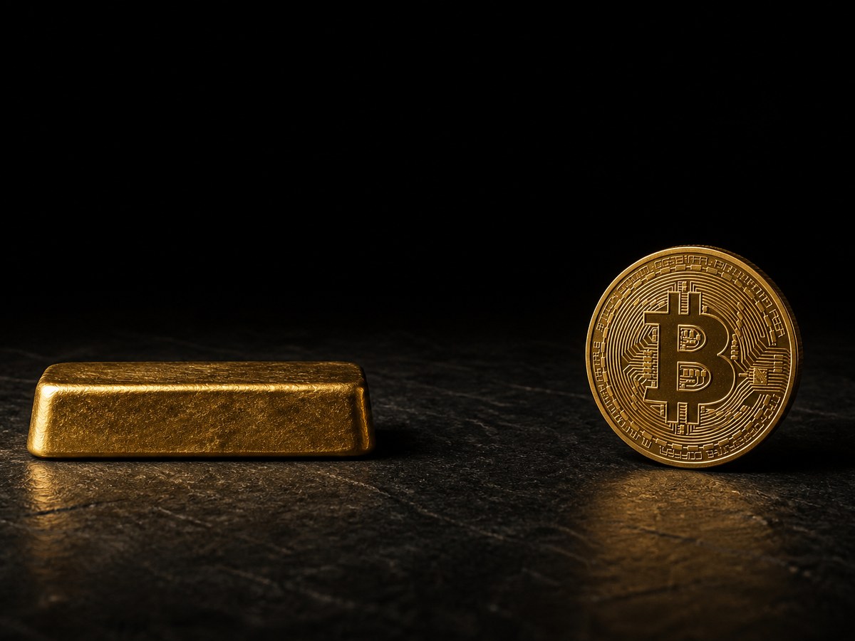 Photographed gold bar and physical gold bitcoin